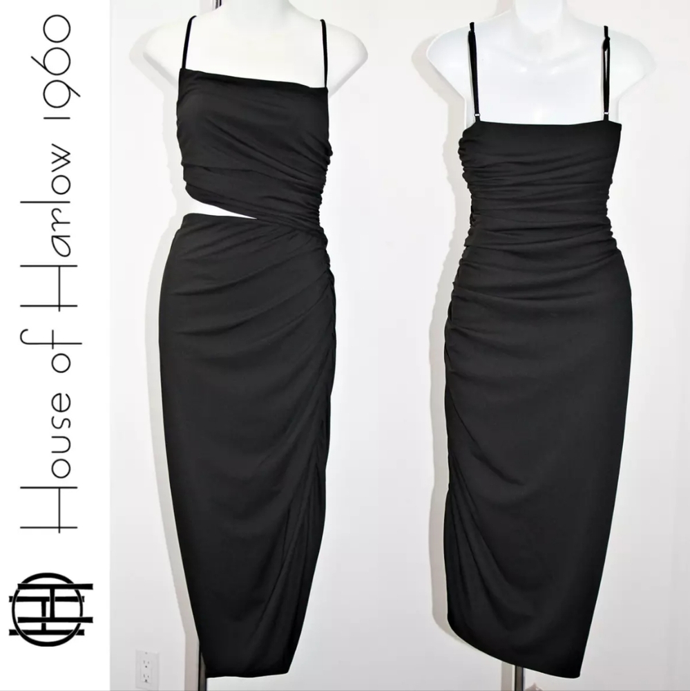 HOUSE OF HARLOW 1960 Cut Out Waist Ruched Side Jersey Midi Dress in Black sz M